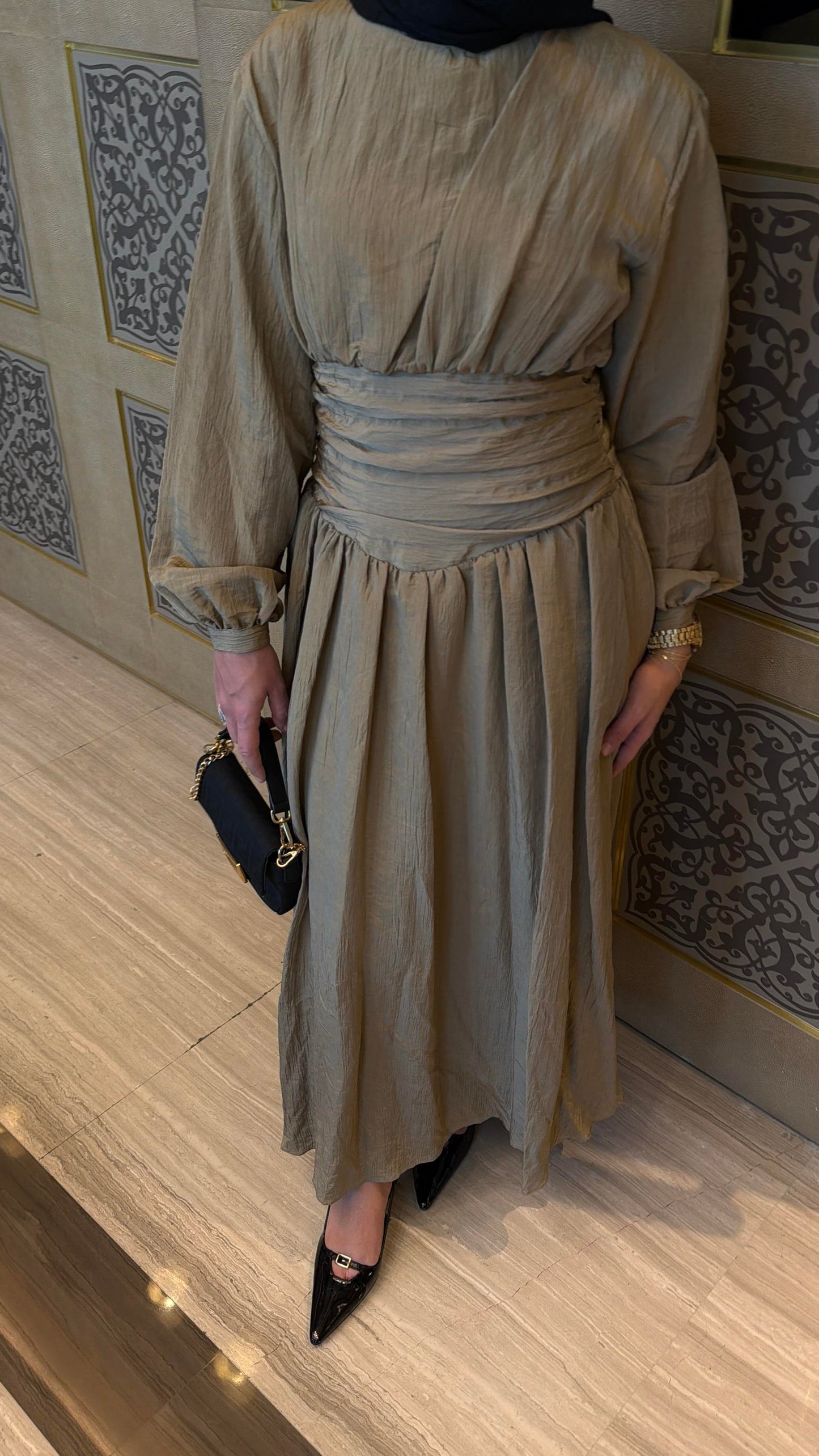 Crushed Fabric Waist-Detail Dress Khaki