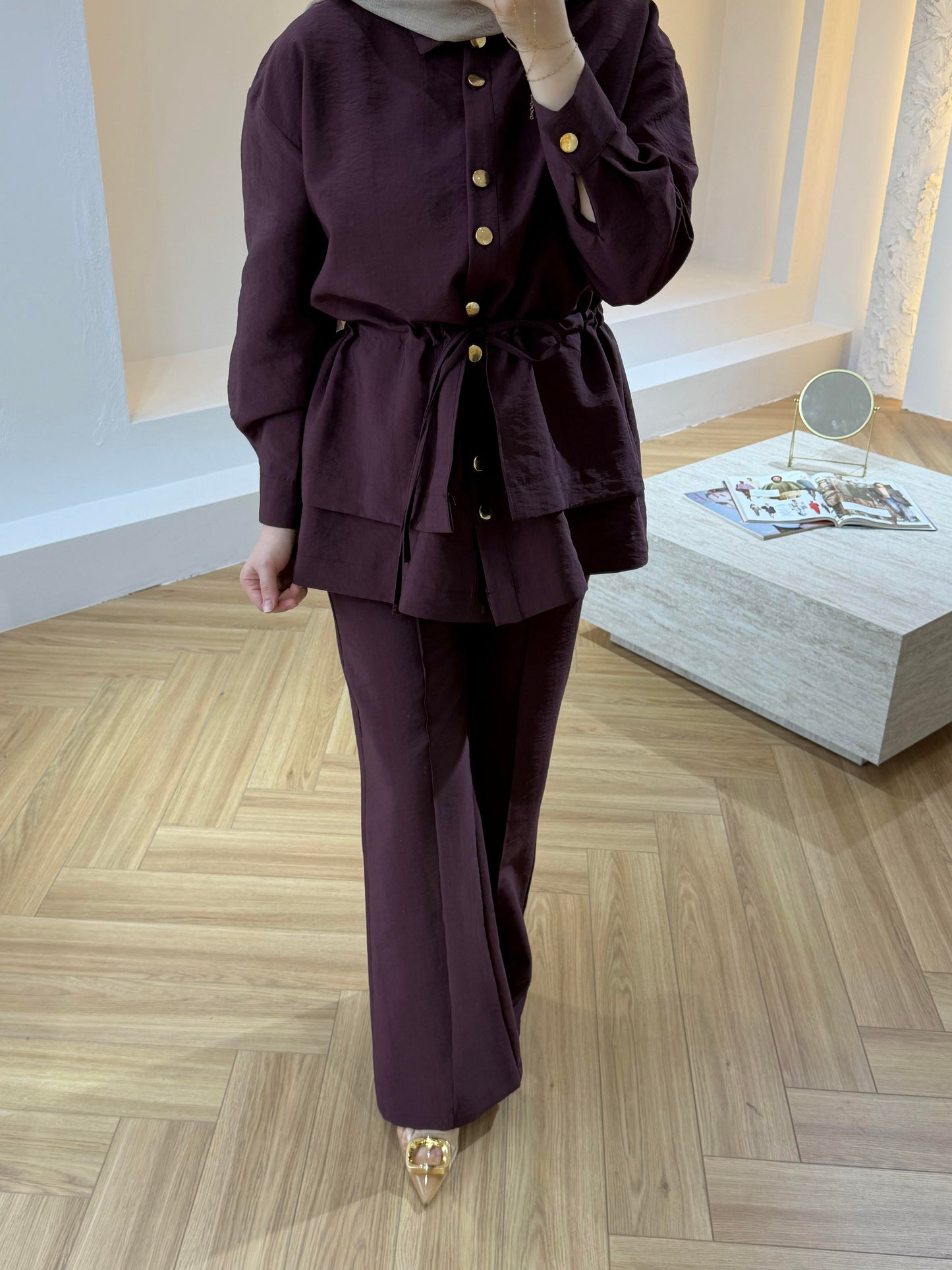 Gold Button Co-ord Cupro Set – Drawstring Jacket & Wide Leg Trousers - Burgundy