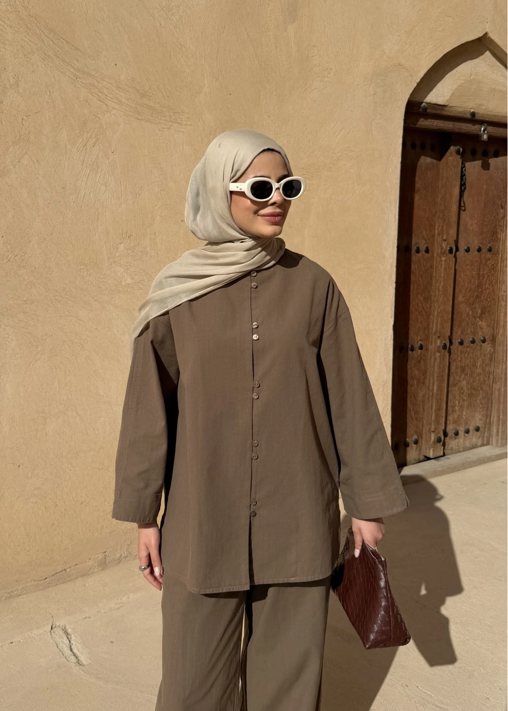 Khaki Button Detail Linen Set – Adjustable Waist