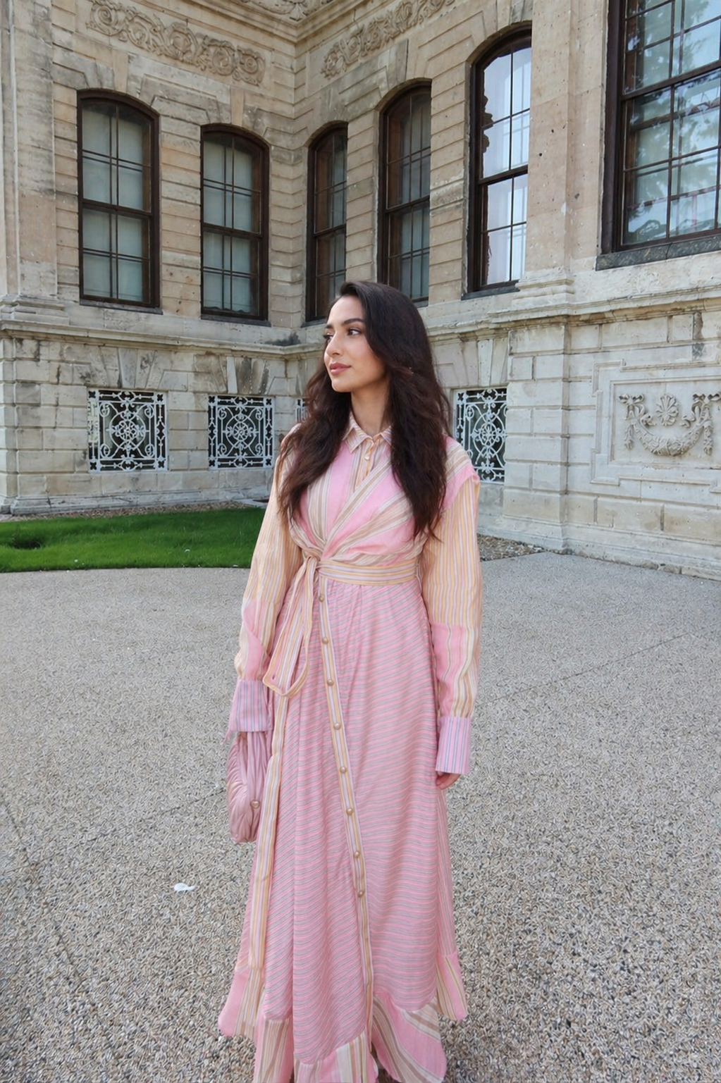 Pink Pastel Stripe Wrap Dress with Balloon Sleeves and Waist Tie