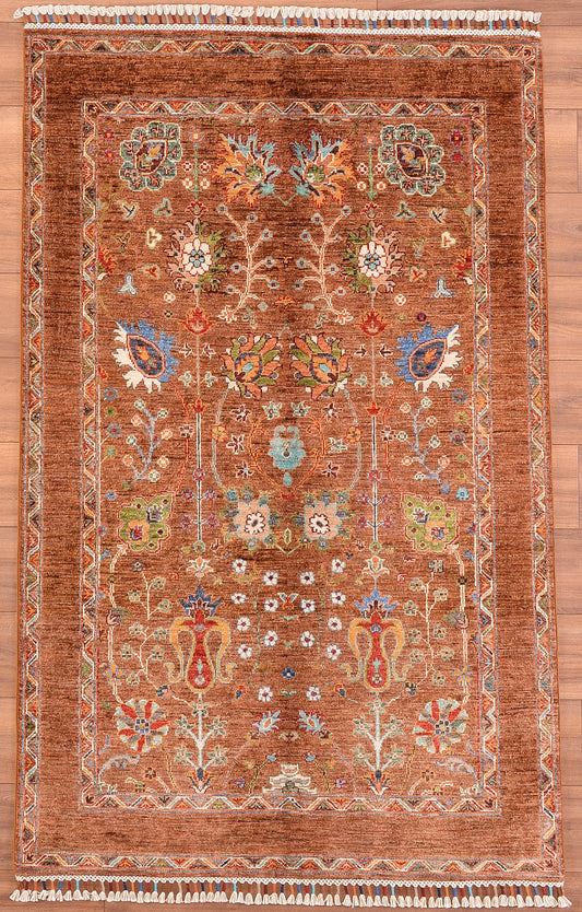 SULTANİ ÇİÇEKLİ ORJİNAL EL DOKUMASI KAHVERENGİ KÖK BOYA YÜN HALI 121X192 2.32 METREKARE - 4X6 FT