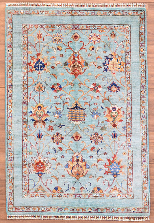 SULTANİ BİNBİRGECE ORJİNAL EL DOKUMASI TURKUAZ KÖK BOYA YÜN HALI 127X184 2.34 METREKARE - 4X6 FT