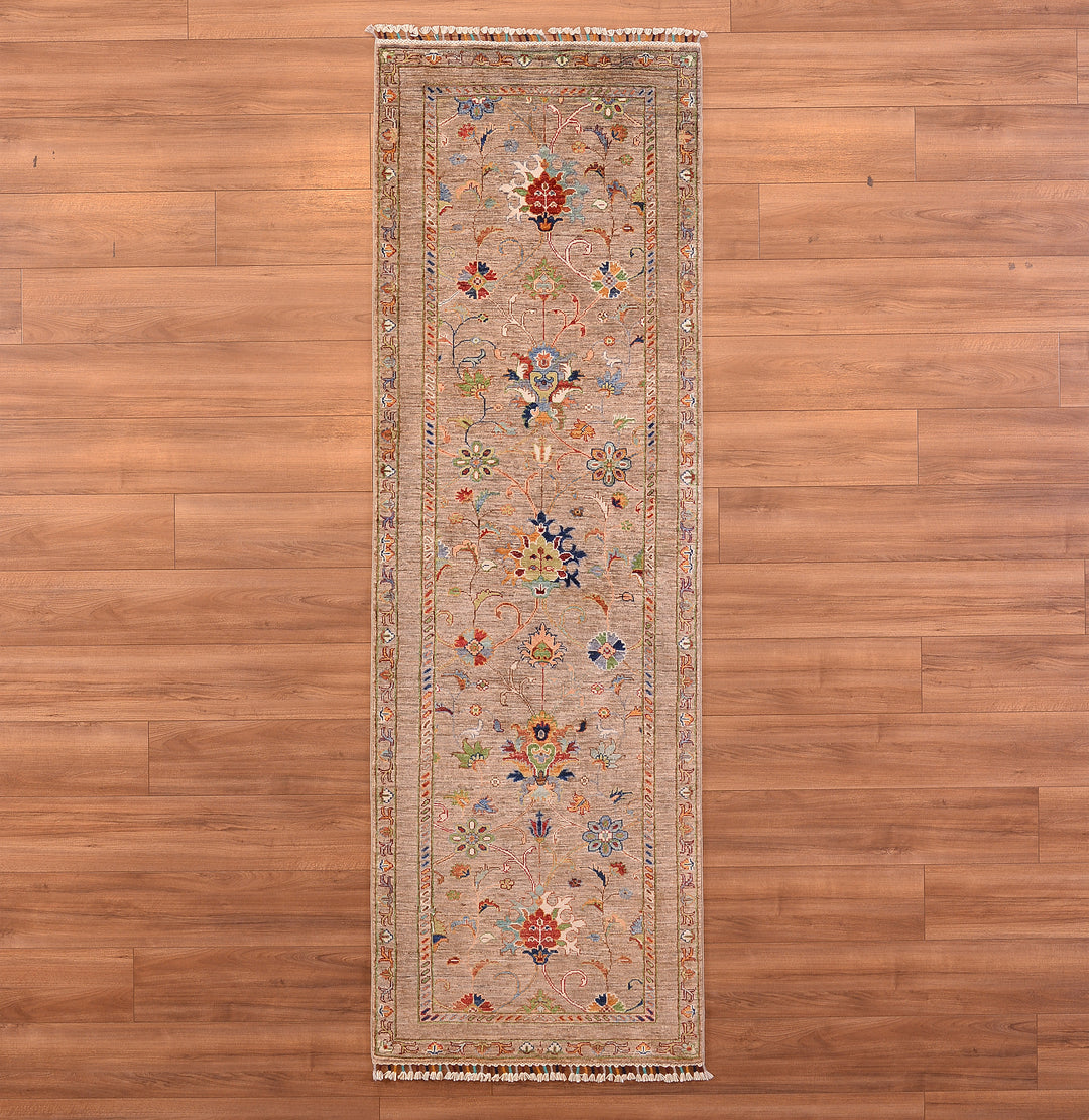 SULTANİ ÇİÇEKLİ YOLLUK ORJİNAL EL DOKUMASI BEJ KÖK BOYA YÜN HALI 0.83X259 2.15 METREKARE - 2X8 FT