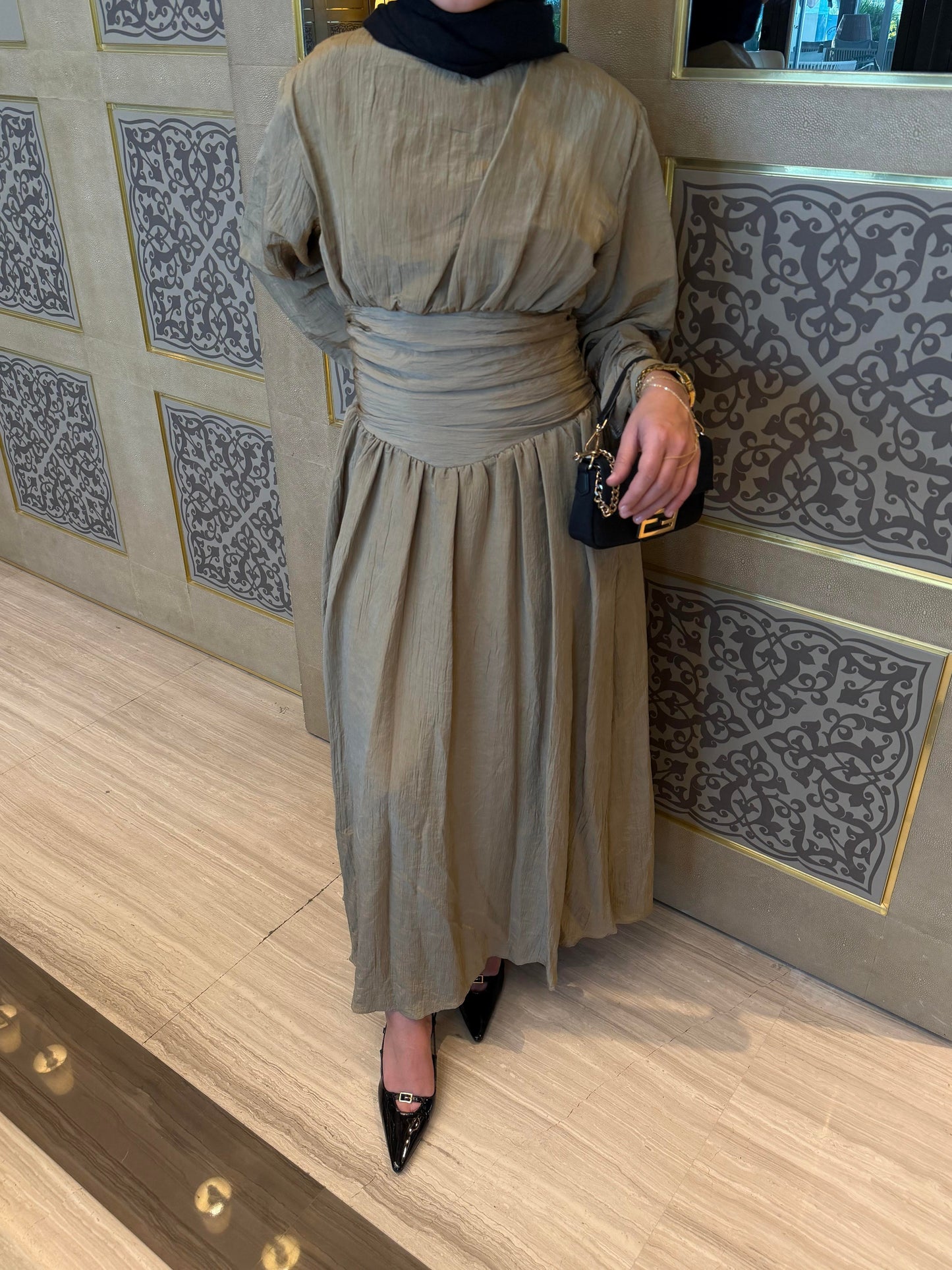 Crushed Fabric Waist-Detail Dress Khaki