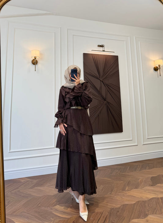 Ruffle Detail Two-Piece Co-ord Set – Brown