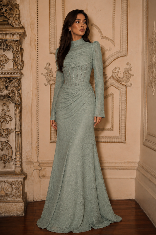 Rosalia Corset-Detail Lace Evening Gown | Mint Green