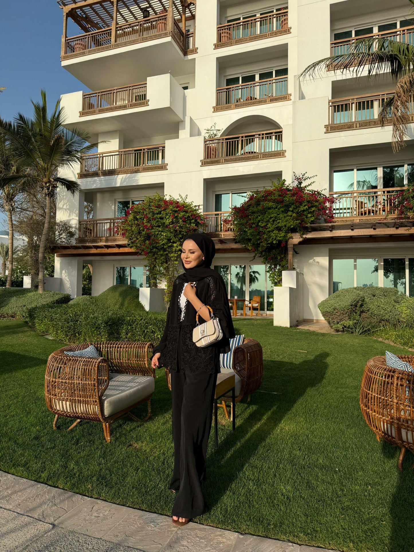 Lace-Trimmed Black Crinkle Fabric Kimono & Pants Set