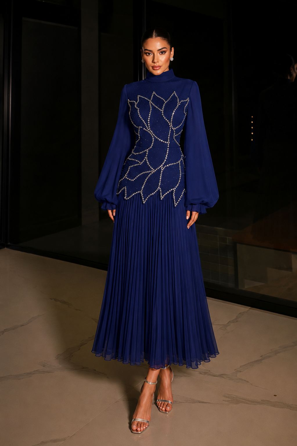 Bloomsbury Chiffon & Satin Evening Dress - Navy Blue
