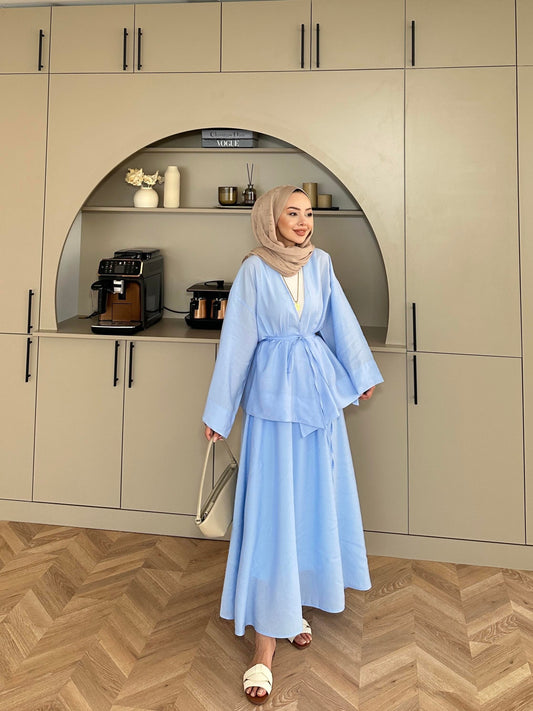 Blue Modal Kimono and Skirt Set