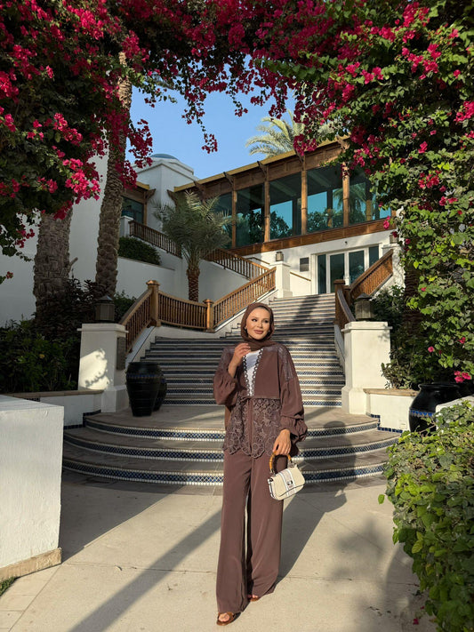Lace-Trimmed Brown Crinkle Fabric Kimono & Pants Set