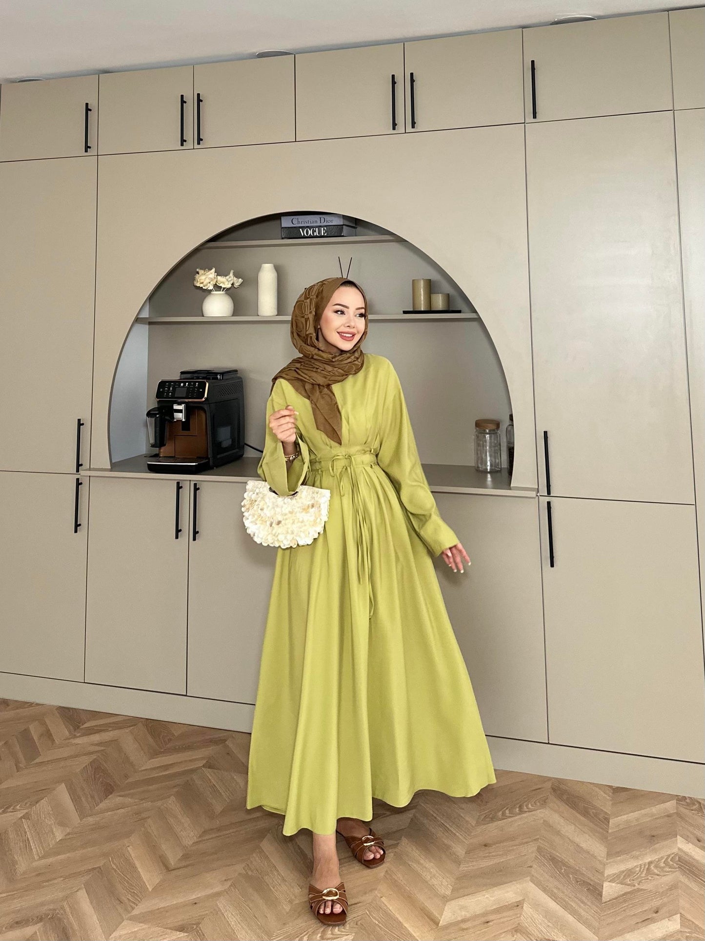 Fitted Waist Maxi Dress in Modal Fabric- Olive