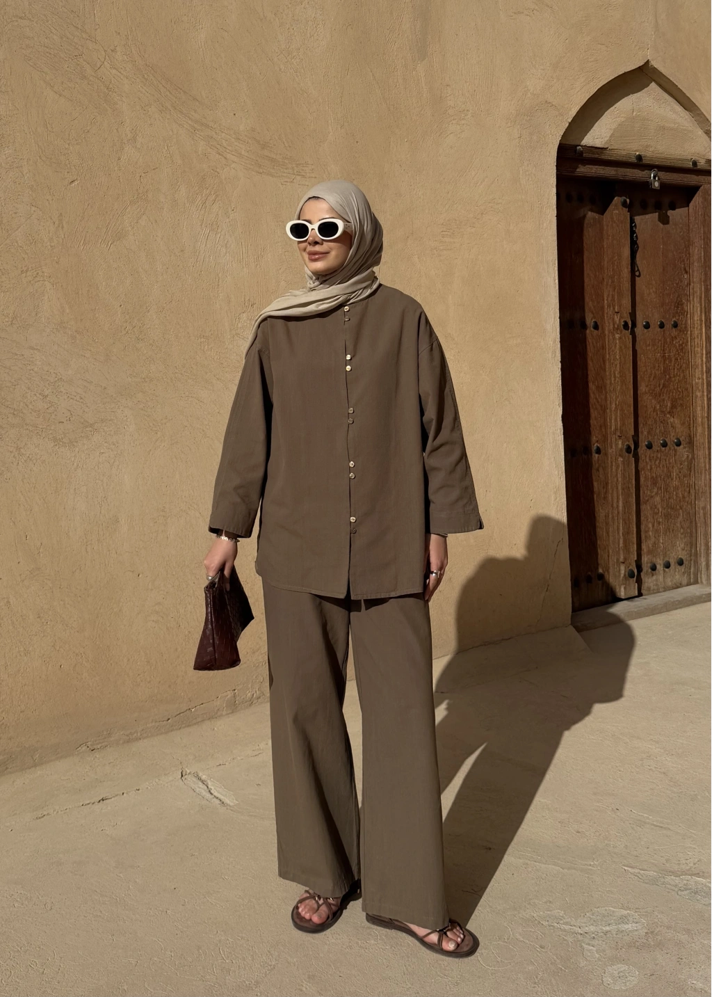 Khaki Button Detail Linen Set – Adjustable Waist