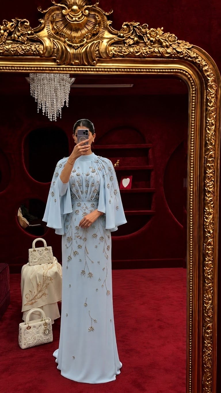 Ruweida Stone-Embellished Modest Satin Cape Pencil Dress - Evening Dress - Blue