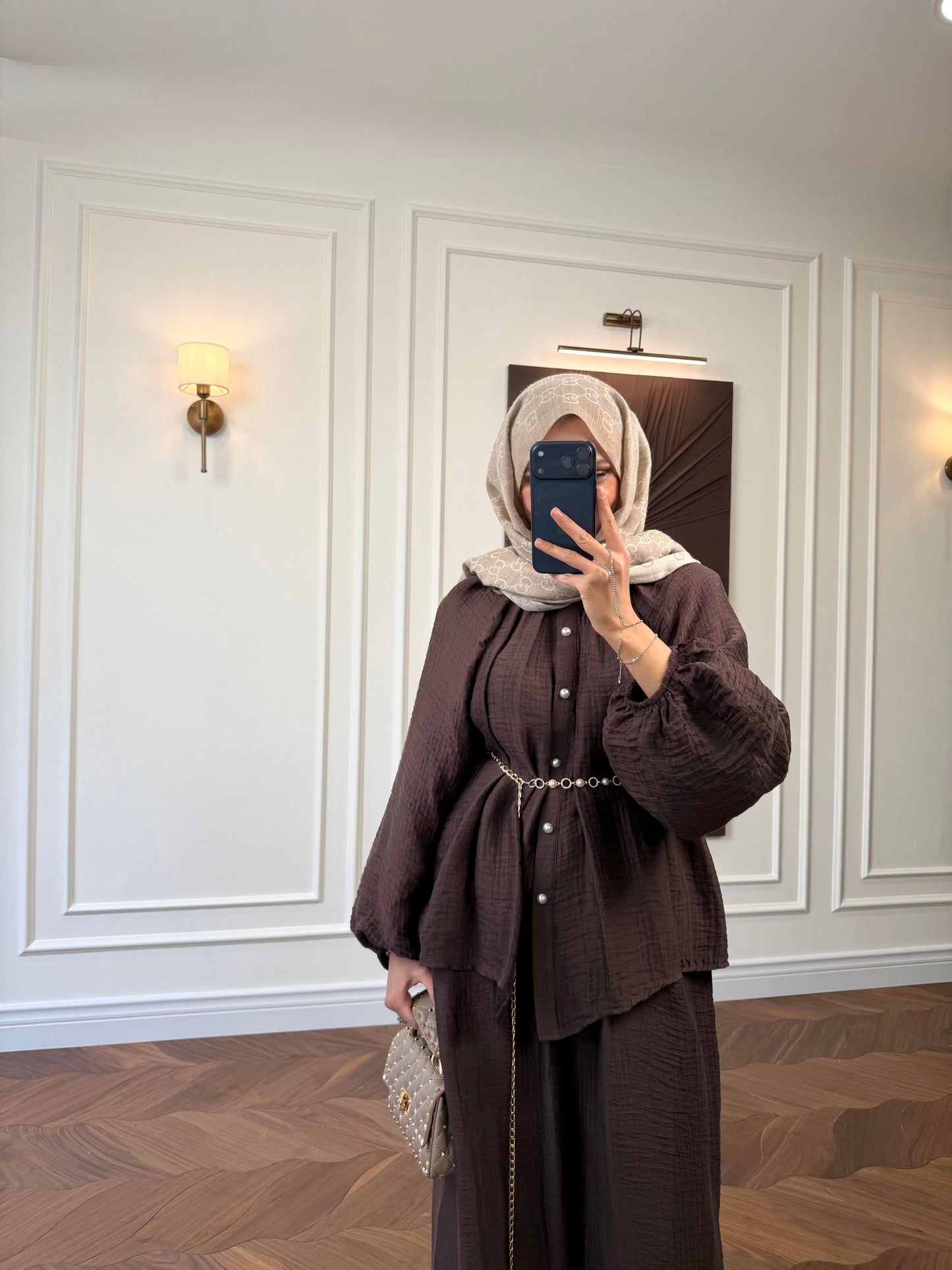 Brown Textured Co-ord Set – Balloon Sleeve Shirt & Wide-Leg Trousers