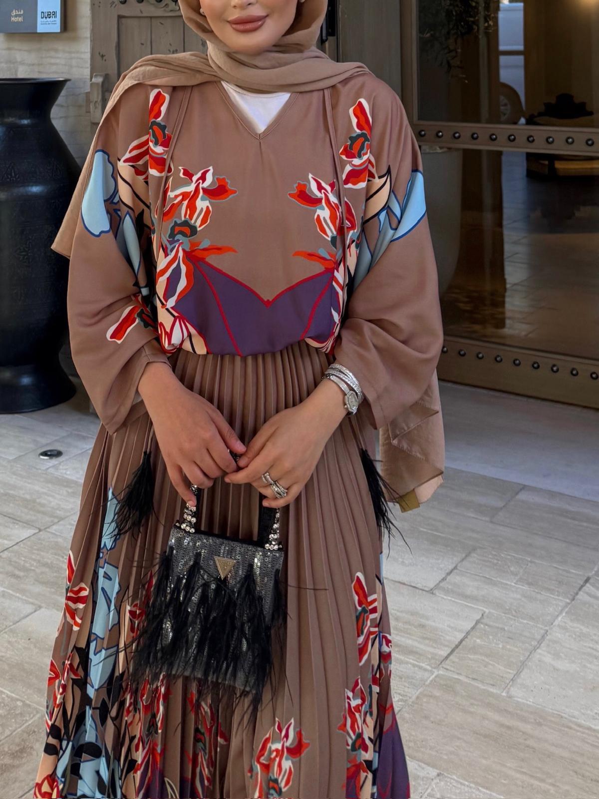 Floral Brown Pleated Set