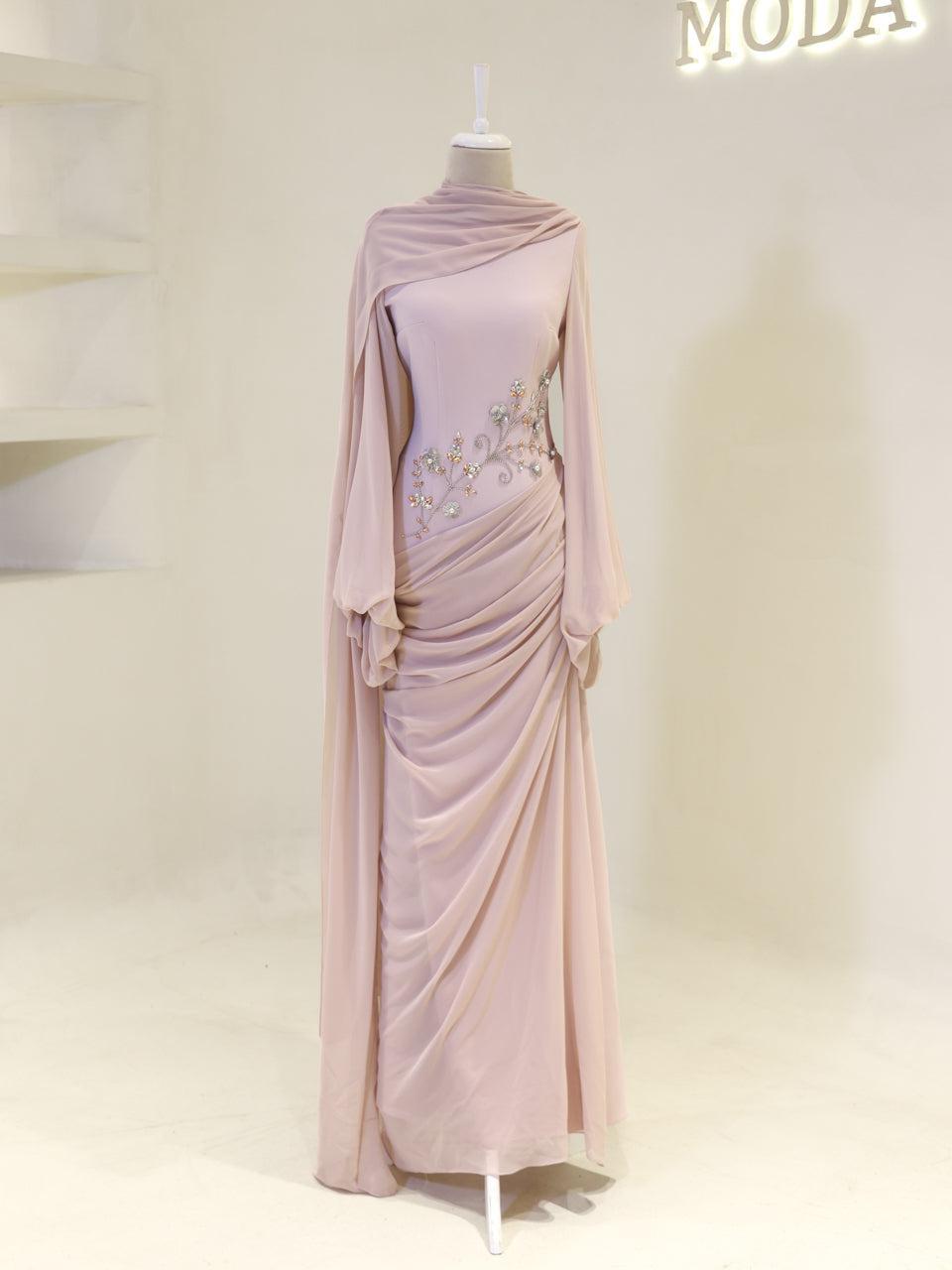Tulip Modest Evening Dress - Embroidered Shawl Crepe Gown - Poudra