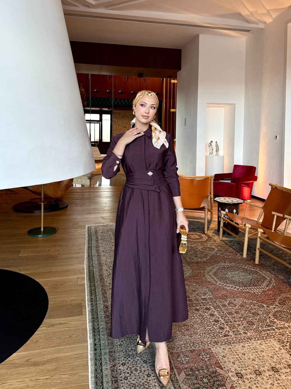 Buckle Detailed Chic Dress Burgundy