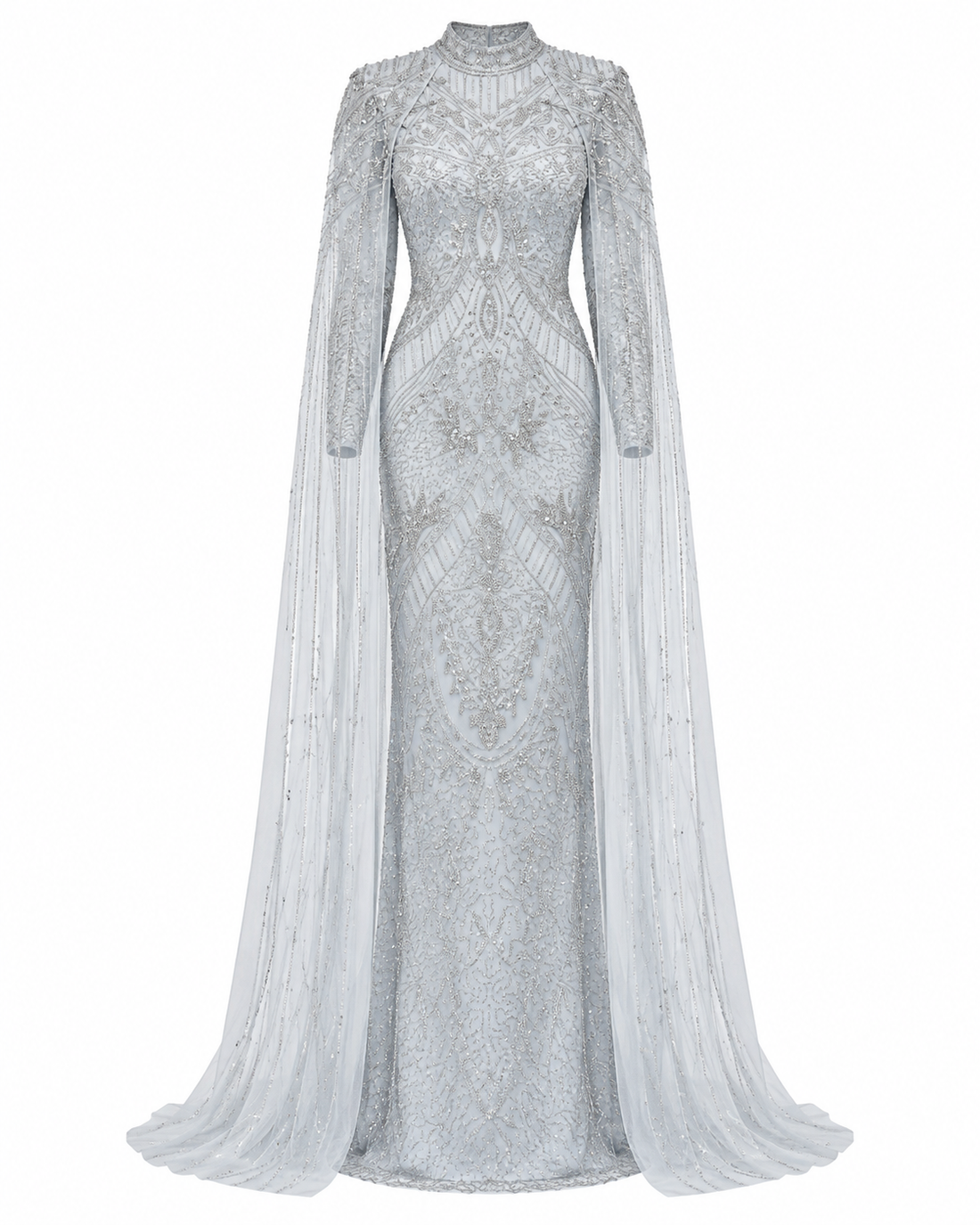 Fairuz Couture Cape Detailed Dress - Silver