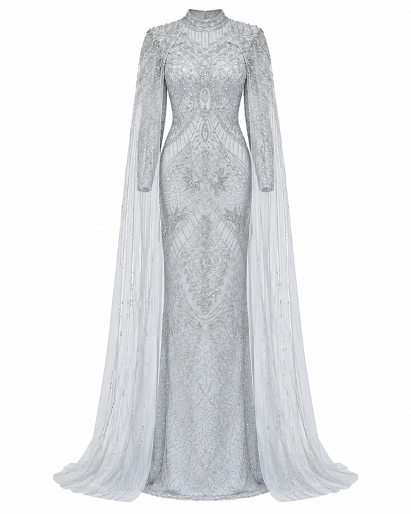 Fairuz Couture Cape Detailed Dress - Silver
