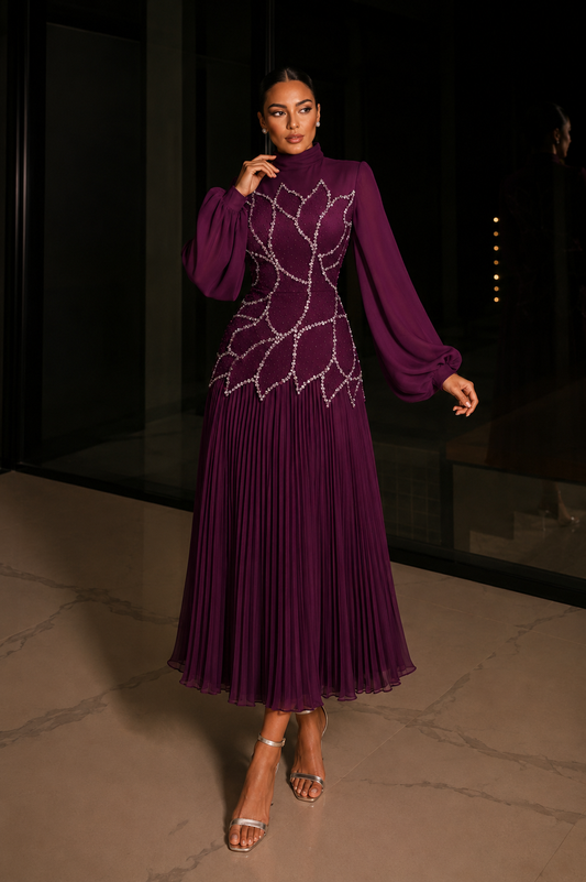 Bloomsbury Chiffon & Satin Evening Dress - Purple