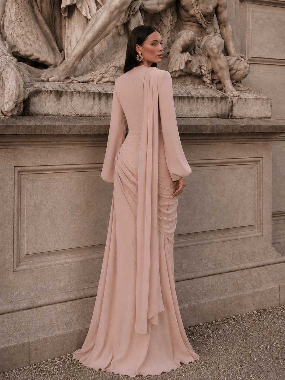 Tulip Modest Evening Dress - Embroidered Shawl Crepe Gown - Poudra