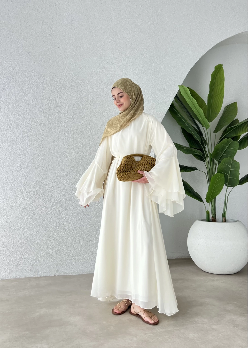 Ecru Chiffon Dress with Ruffled Sleeves