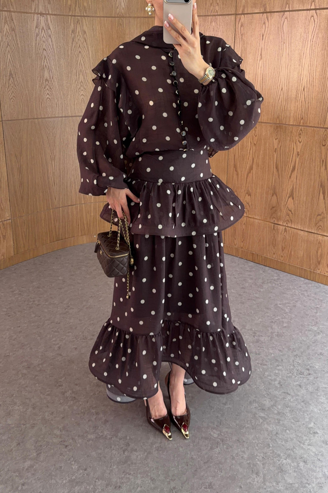 Dark Brown Polka Dot Shirt and Skirt Se