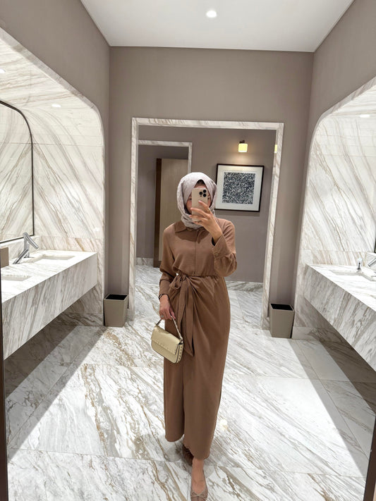 Camel Front-Tie Classic Maxi Dress
