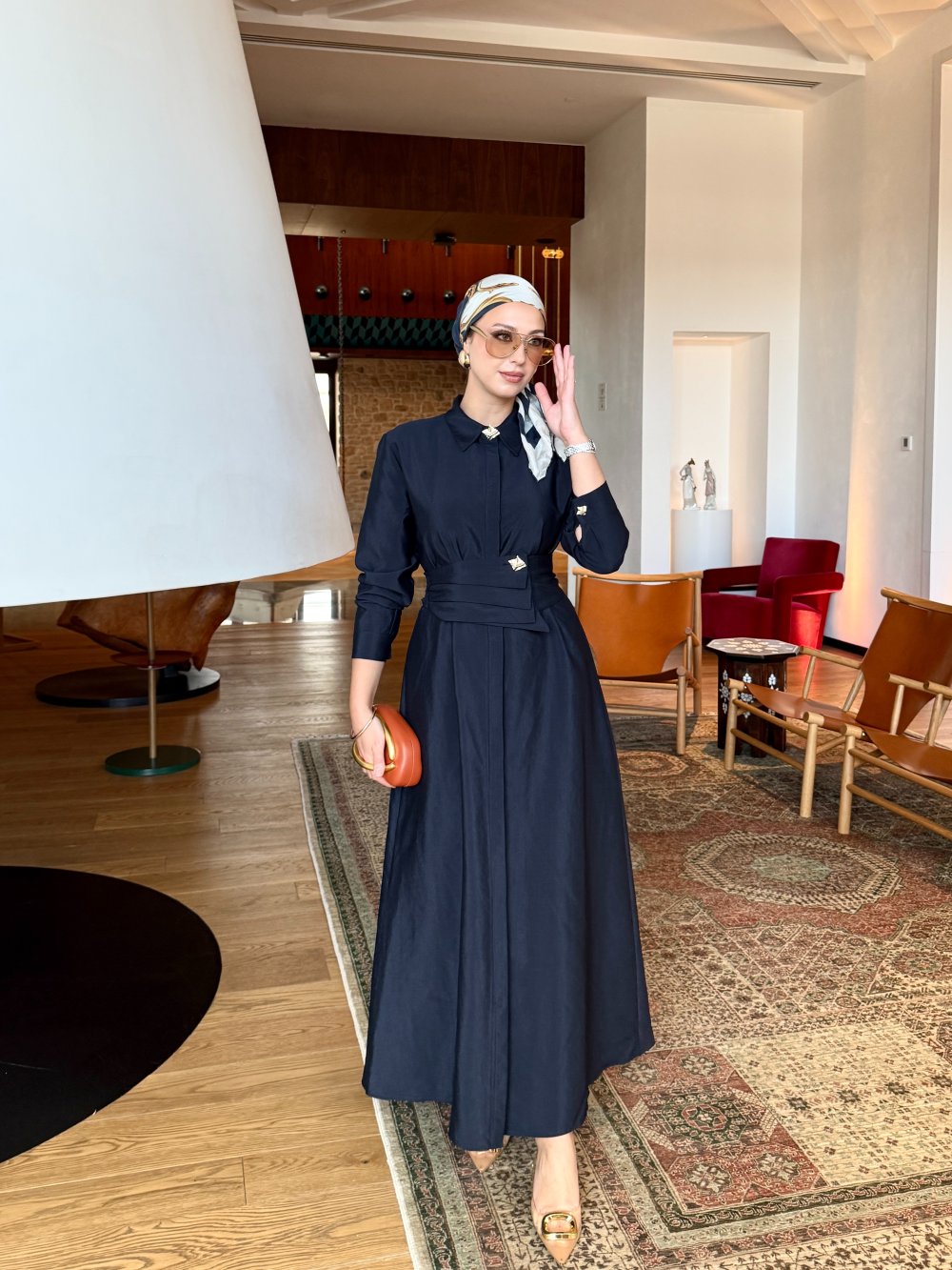 Buckle Detailed Chic Dress Navy Blue