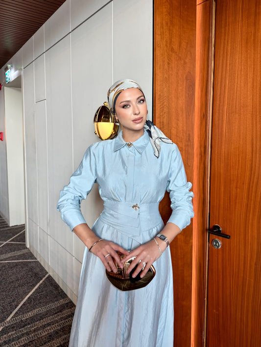 Buckle Detailed Chic Dress Baby Blue