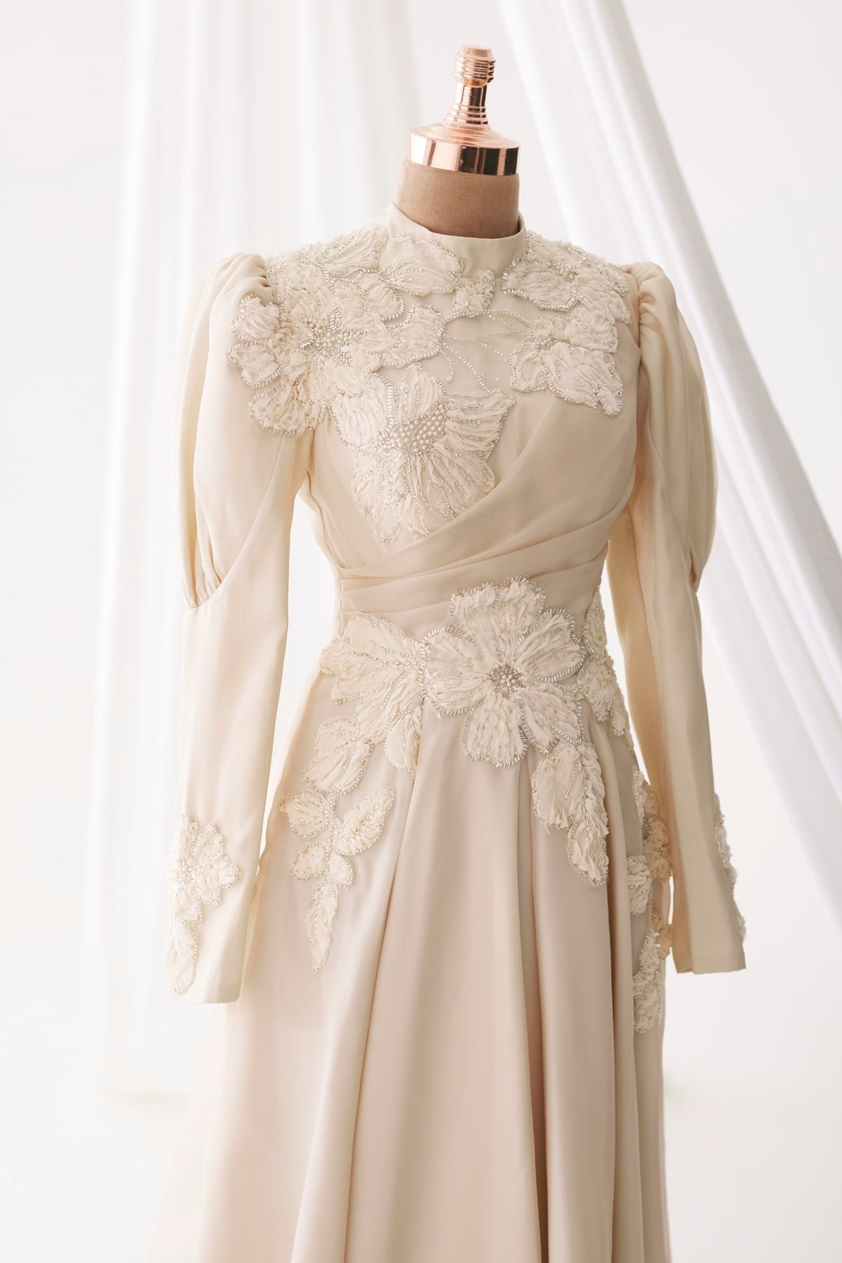 Floral Embellished Modest Evening Dress - Beige