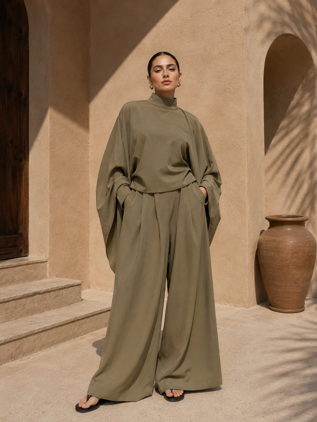 Olive Batwing Sleeve Tensel Co-ord Set | Modest Two-Piece Outfit