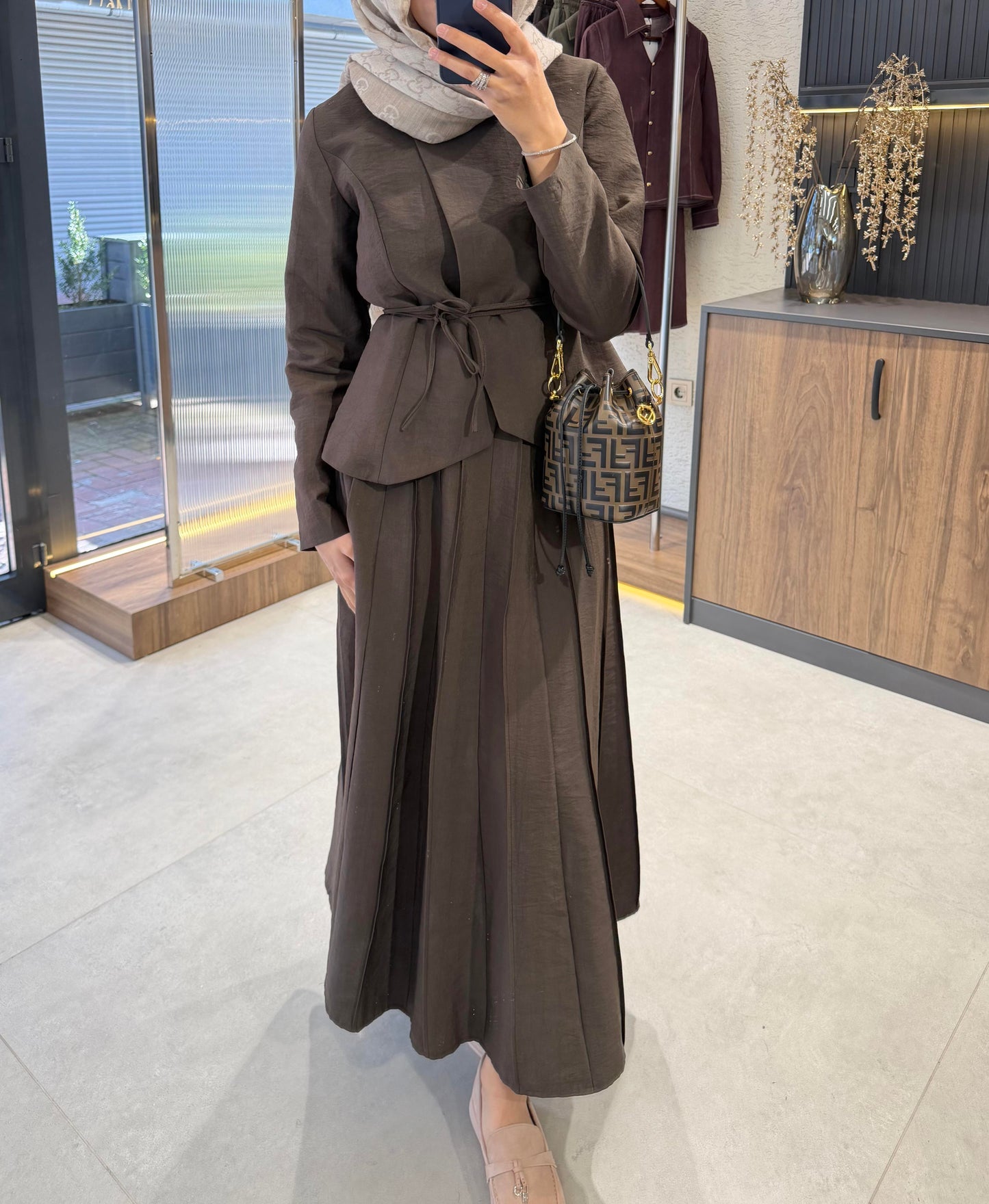 Pleated Skirt Set – Brown| Cupro Fabric Two-Piece Set