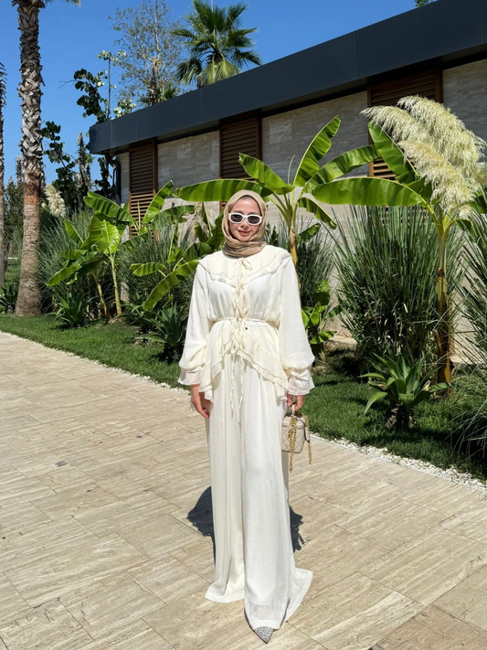 Ghalia Chiffon Two-Piece Set with Trousers – Ecru