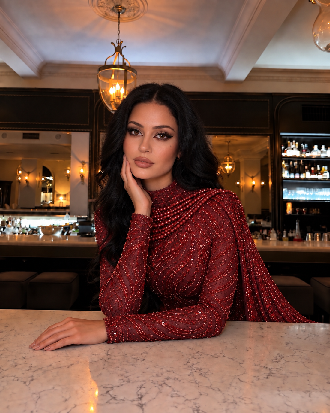 Mona Rosa Plus Size Pearl-Embellished Lace Evening Dress - Burgundy