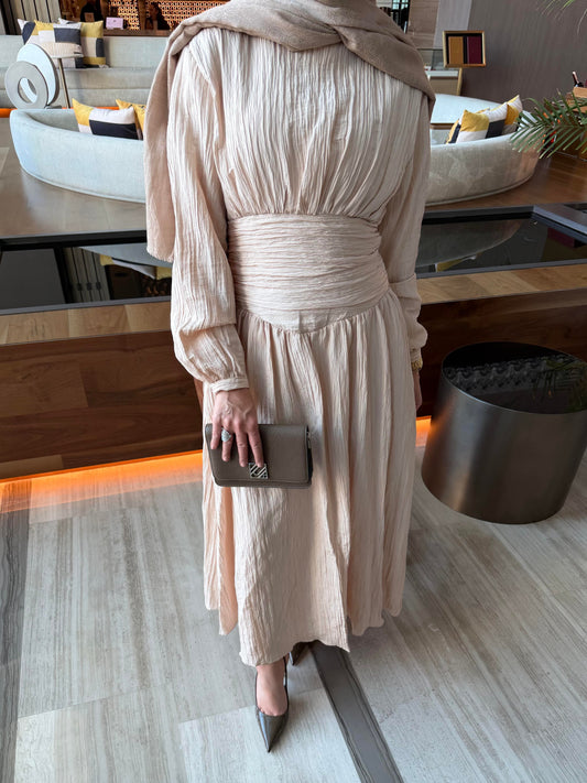 Crushed Fabric Waist-Detail Dress Beige