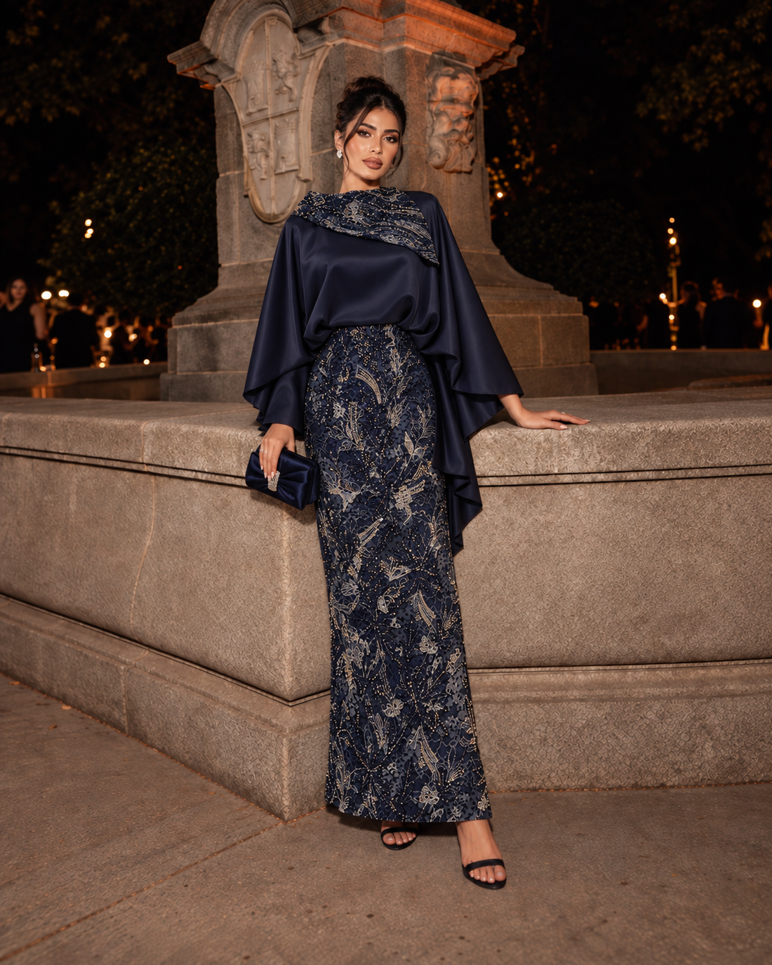 Grace Stone-Embellished Modest Satin Cape Pencil Dress - Evening Dress - Navy Blue
