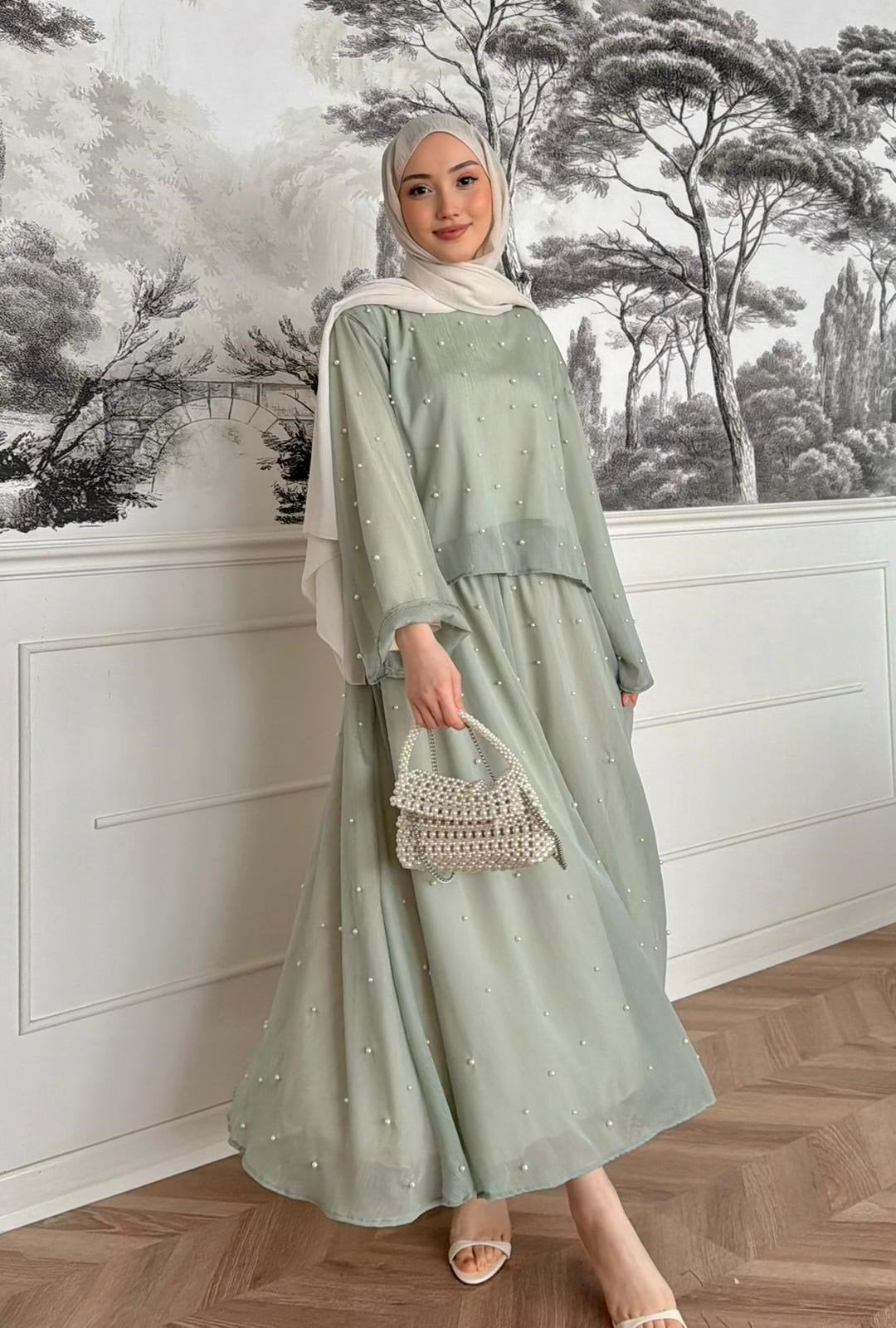Pearl Embellished Maxi Dress – Flared Skirt & Long Sleeve- Green