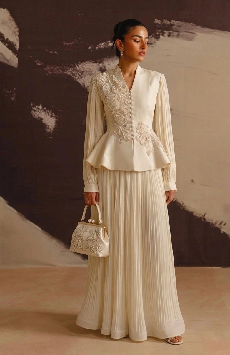 Limited Collection Peplum Jacket & Pleated Maxi Skirt Set – 3D Floral Embroidered Evening Ensemble