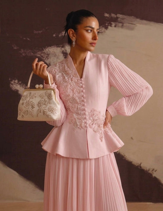 Limited Collection Peplum Jacket & Pleated Maxi Skirt Set – 3D Floral Embroidered Evening Ensemble