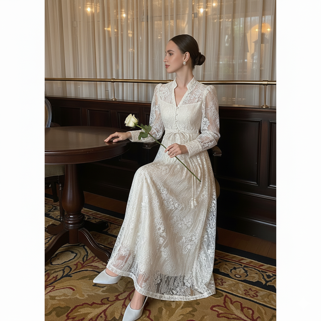 Luxury Embroidery Flower Dress - White