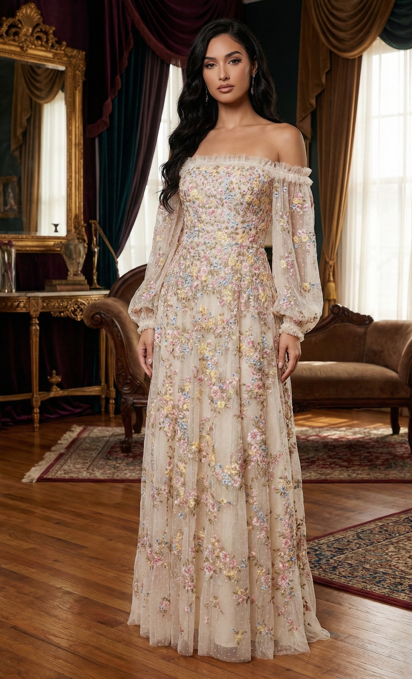 Needle & Thread Lunaria Wreath Off-shoulder Gown