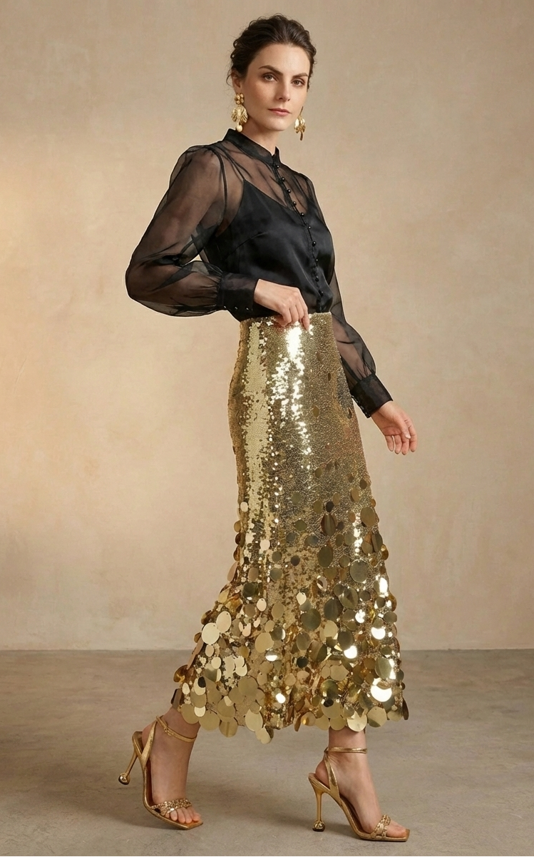 Gold Sequined Long Skirt