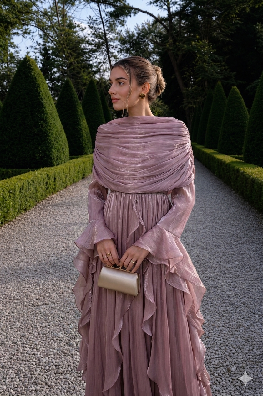 Rose Chiffon Modest Evening Gown