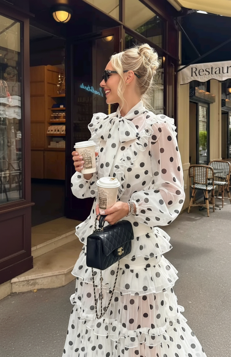 Woman in a polka dot dress holding coffee outside a restaurant.