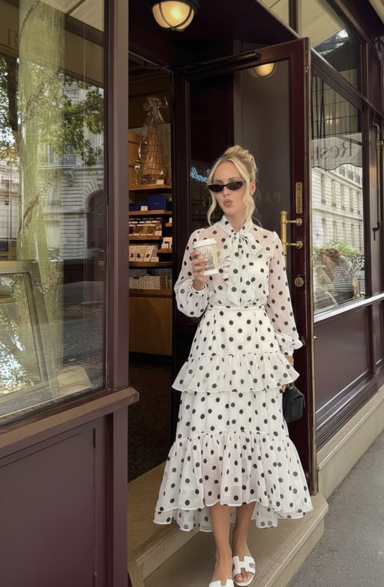 Woman in a polka dot dress standing outside a store