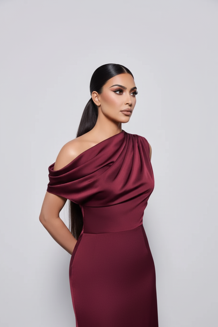 Draped Satin Midi Dress – Burgundy