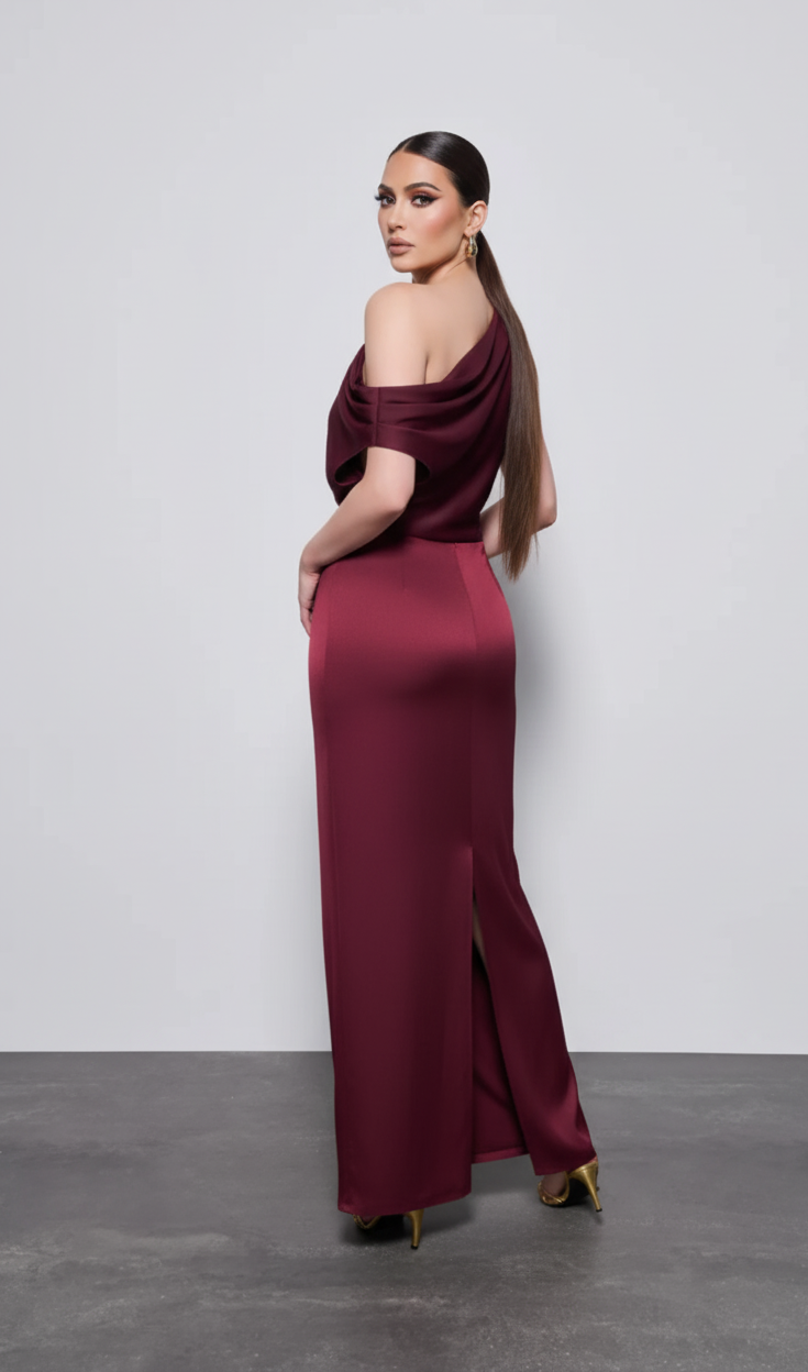 Draped Satin Midi Dress – Burgundy