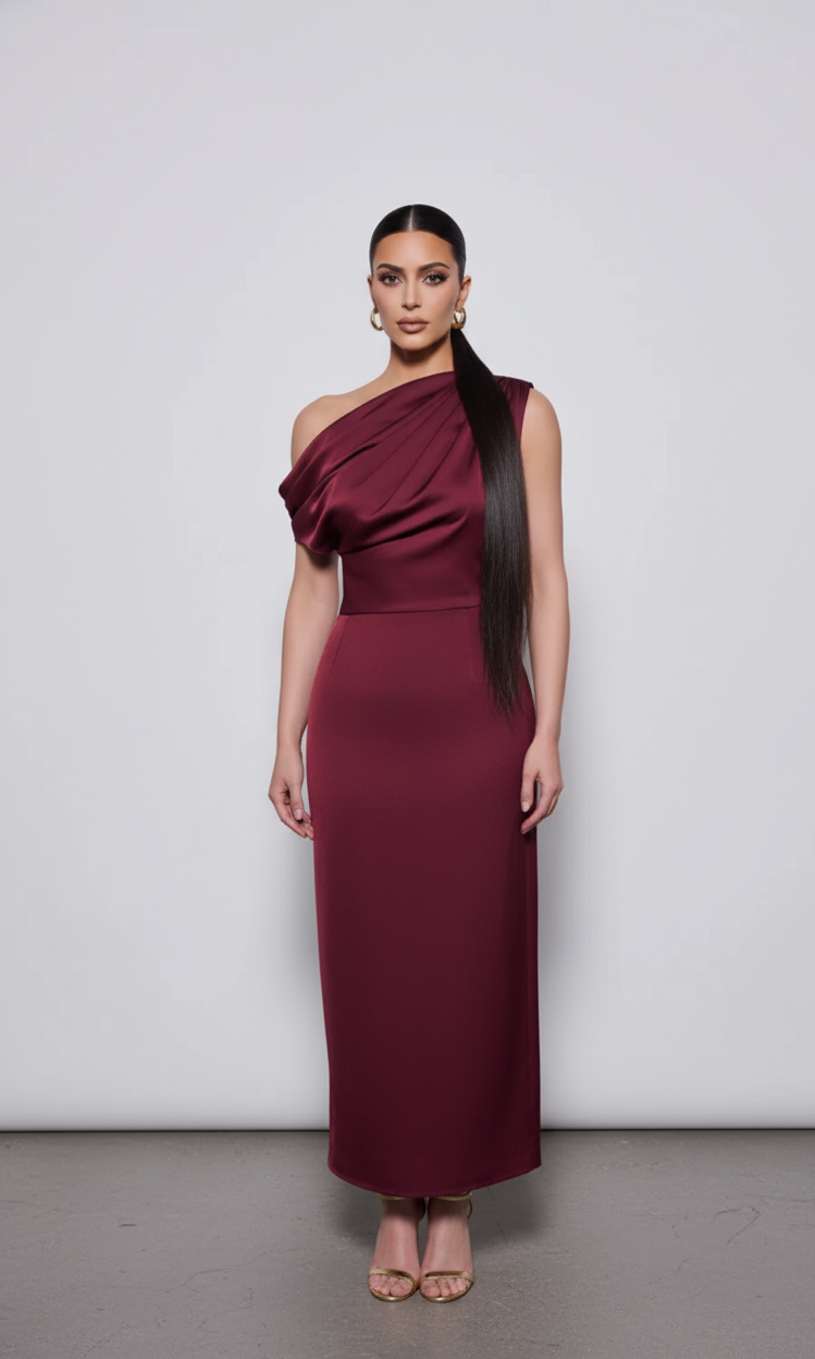 Draped Satin Midi Dress – Burgundy