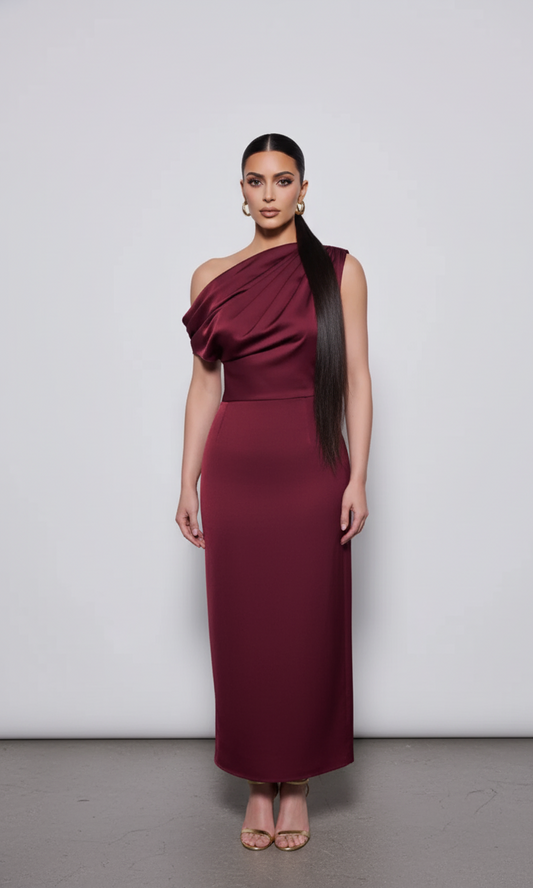 Draped Satin Midi Dress – Burgundy